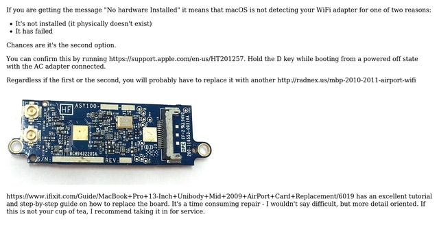 Apple: MacBook is displaying the message "no hardware installed" when I click on Wi-Fi