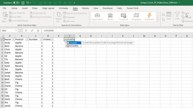 Unique Count Of Visible Rows in Excel - 2399