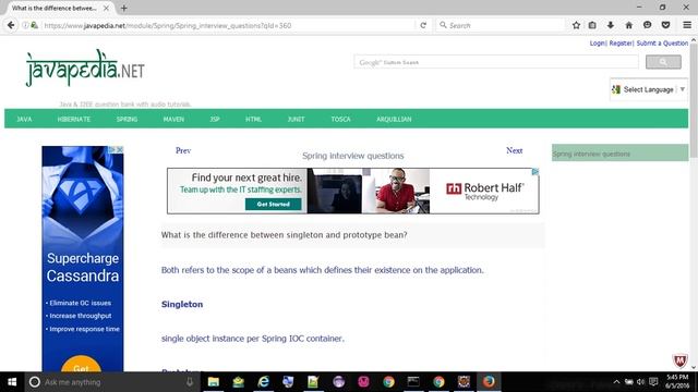 What is the difference between singleton and prototype bean?
- javapedia.net