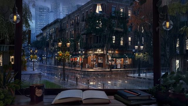 New York Coffee Shop Ambience   Rain and Distant Thunder Sounds for Study and Relaxation