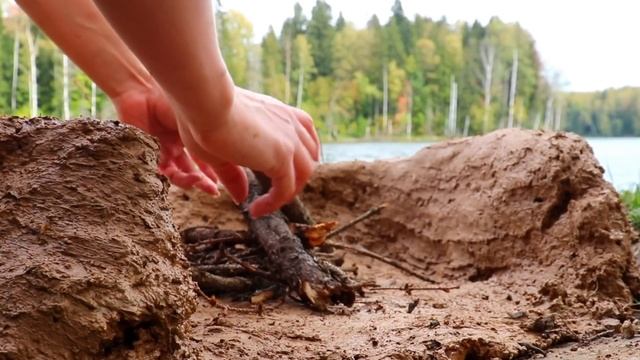 Building a fireplace out of clayBushcraftSwimming in the lakeASMR nature sounds