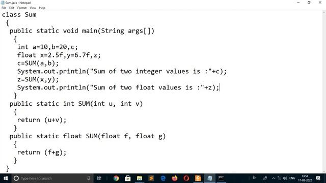 MCS024 Jun-21 Q3b | Java Program overloads SUM(), computes the sum of 2 integers and 2 float valves