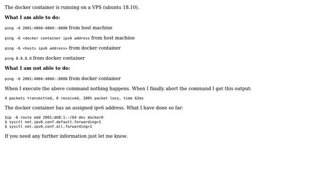 Ping public ipv6 dns from docker container