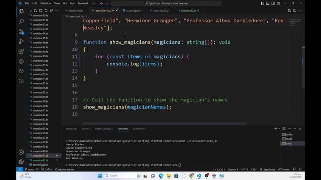 TypeScript basics exercise 41: Magicians: how to use For of loop in aTypeScript Function?