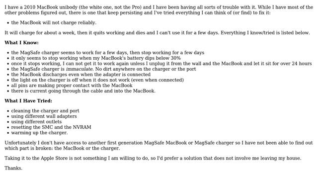 Apple: MacBook unibody 2010 will not charge reliably