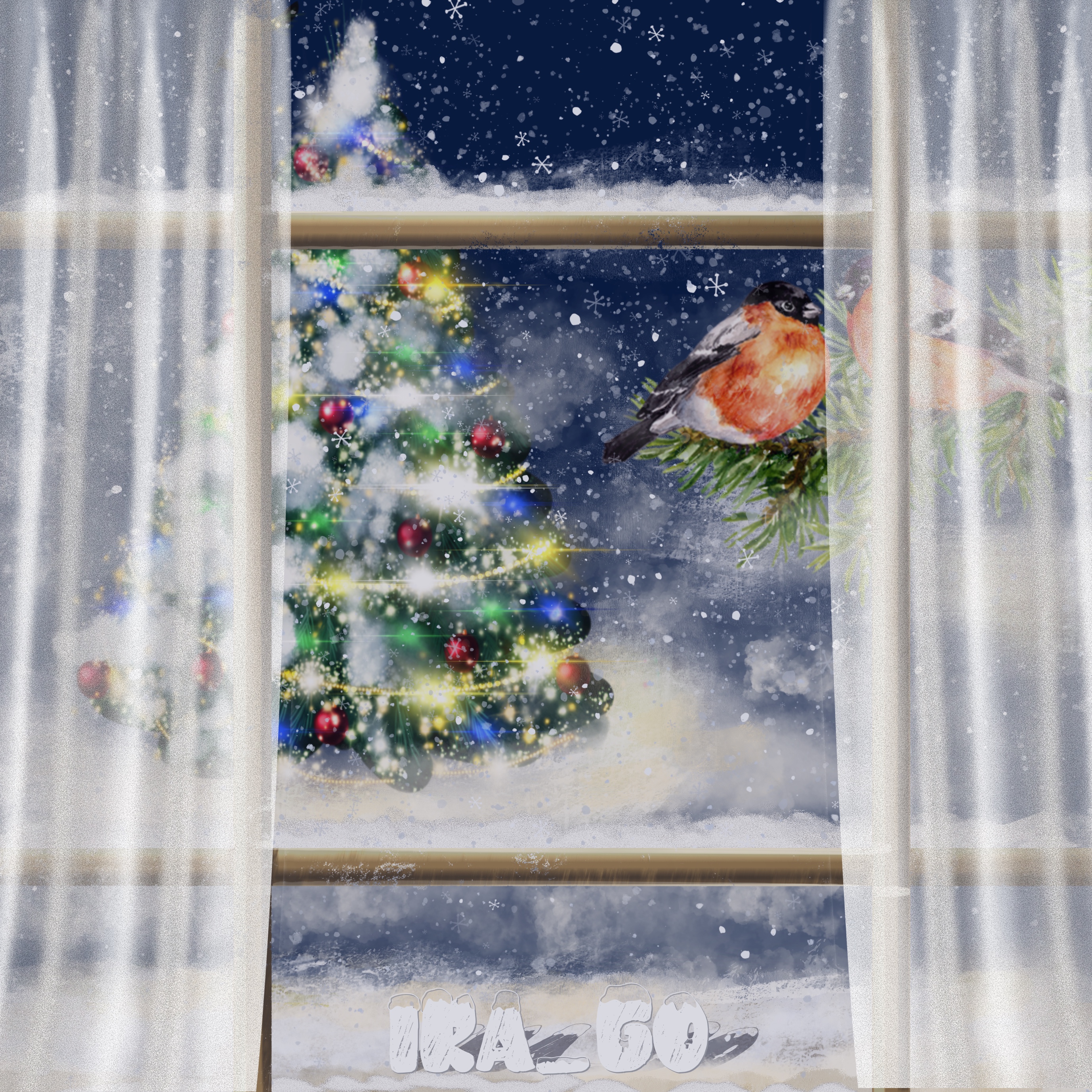 Таймлапс процесса рисования вида из окна на ёлку и снегирей