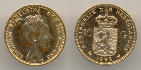 Нумизматика. Золотая монета. Нидерланды, 10 гульденов 1898 г.