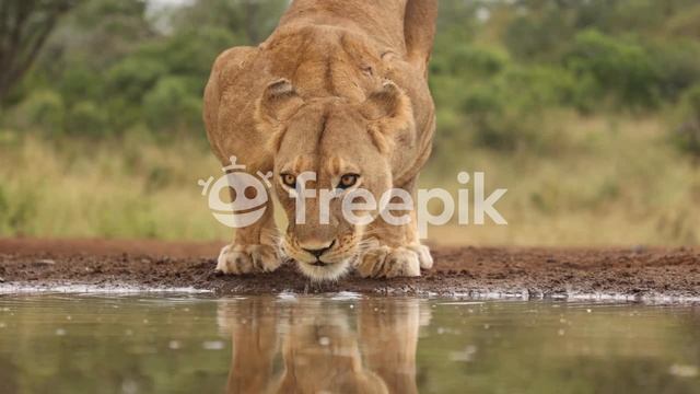 Львица пьет воду
