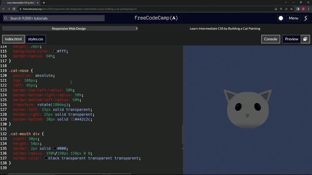 FreeCodeCamp | Learn Intermediate CSS by Building a Cat Painting: Step 61 | Responsive Web Design