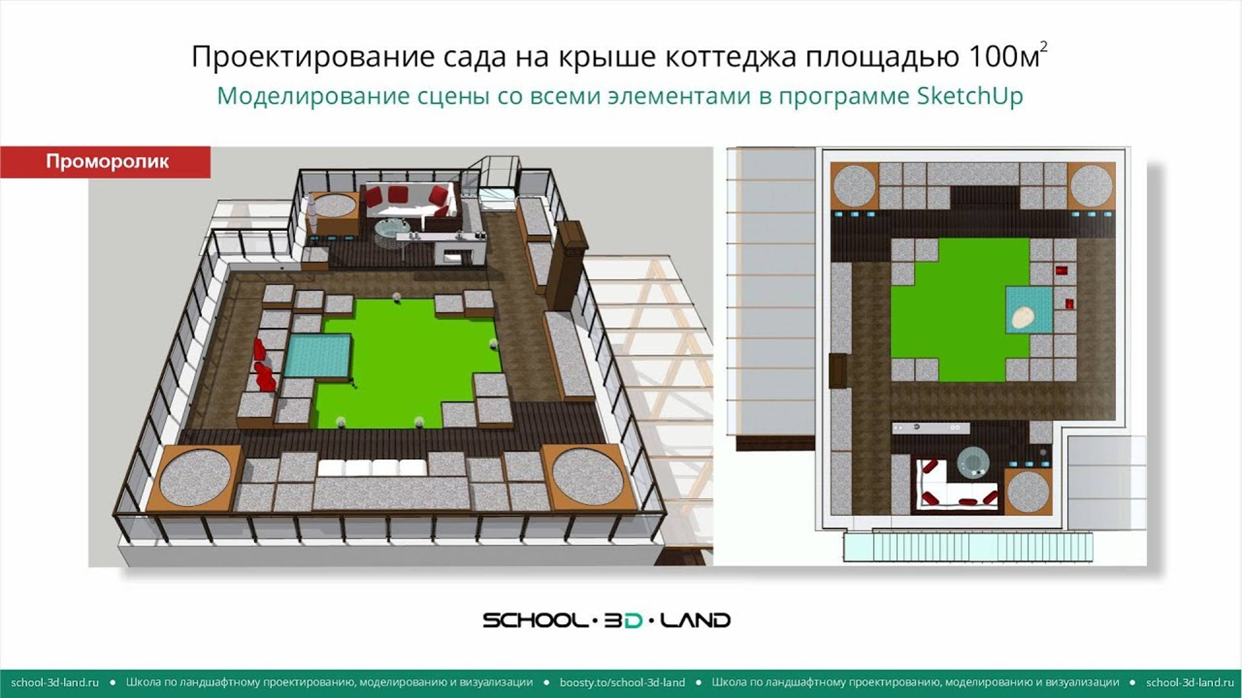 П24. Проект №3. Сад на крыше 100 м². Моделирование в программе SketchUp. Часть 1 (фрагменты)