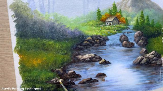 Daily Art #022 - Acrylic - The little rustic cottage by the stream Painting