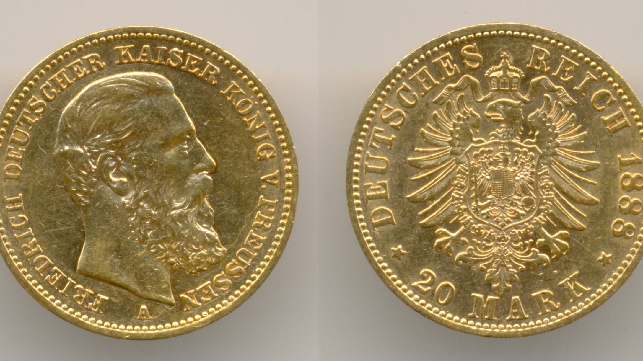 Нумизматика. Золотая монета. Пруссия, 20 марок 1888 г.