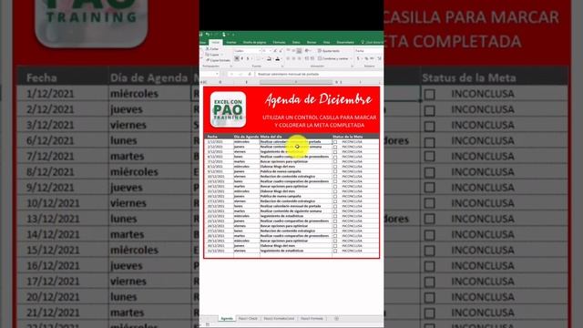 EXCEL CON PAO:?Agenda de Diciembre ☝?? Control de formulario de Excel, Formato Cond. y Formula.