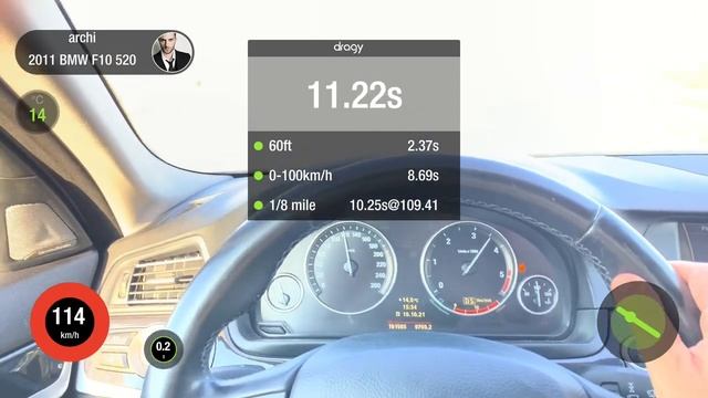 Разгон от 0 до 100 kmh BMW f10 520 diesel 184 hp сток замеряйка