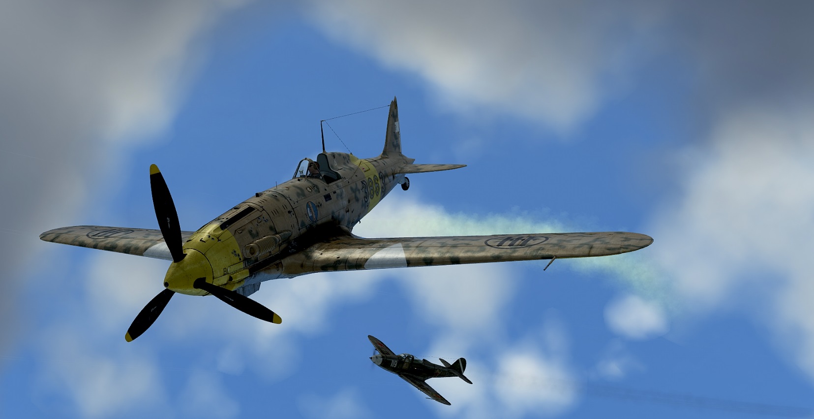 Bell P-39 Airacobra против , против Macchi C.202 Folgore. Выбил двигатель в лобовой атаке.