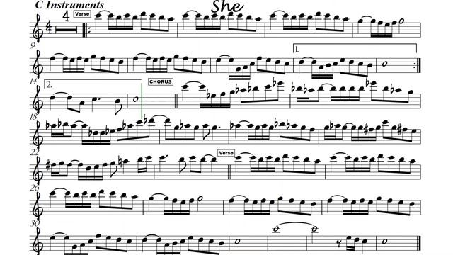 She for Flute or Violin Sheet Music Backing Track I Elvis Costello