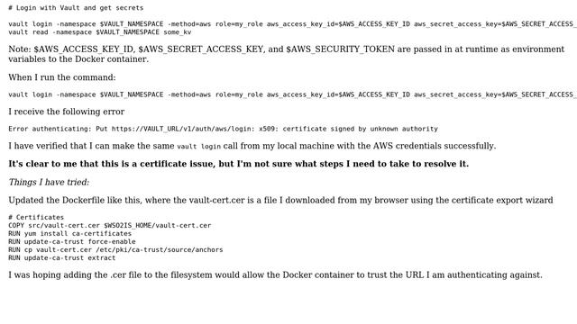 Can't connect to Hashicorp Vault in Docker container with AWS authentication- x509 certificate...