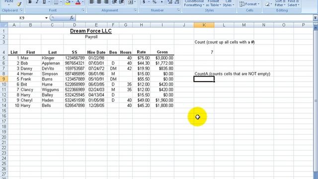 Excel 2007 COUNT and COUNTA Functions Training Video