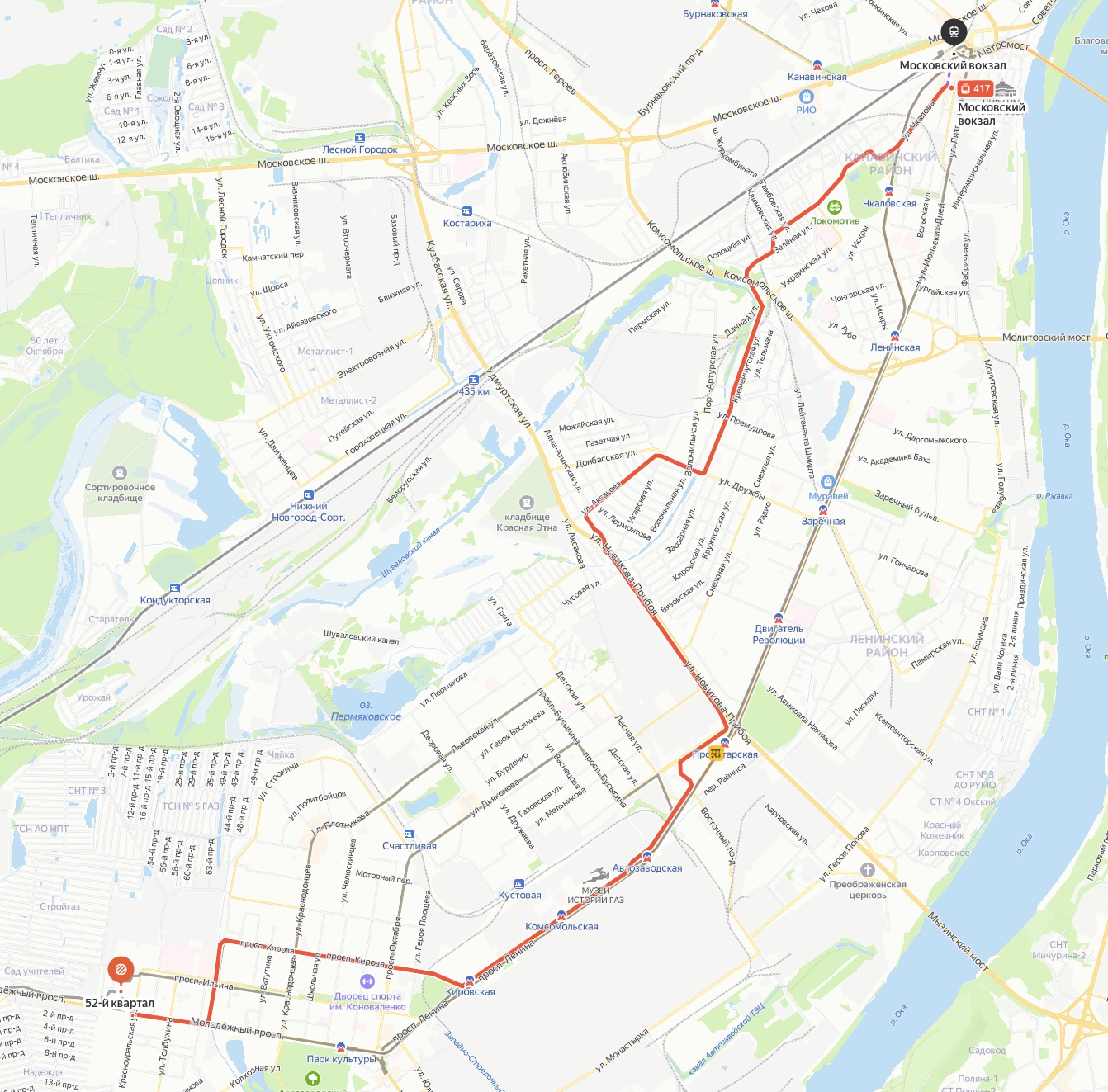 Вечерняя поездка на трамвае № 417 от остановки "52 квартал" на Автозаводе до Московского вокзала.