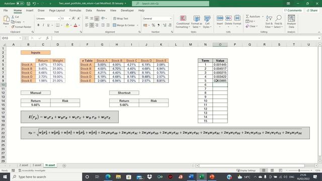 Calculate Risk And Return Of An N-Asset Portfolio In Excel (Expected Return And Standard Deviation)