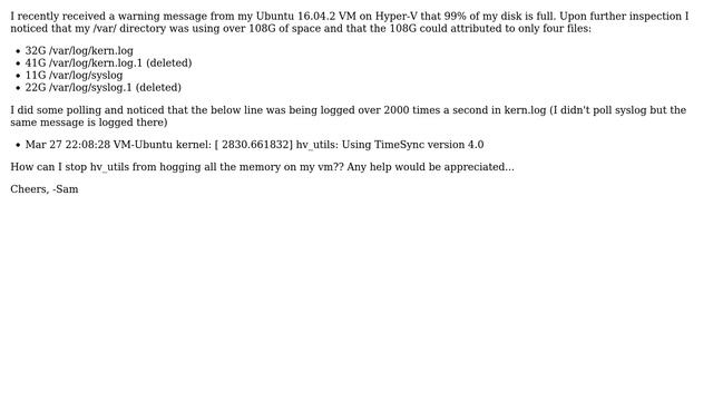 How can I stop hv_utils from logging a message in kern.log + syslog 2000+ times a second?...