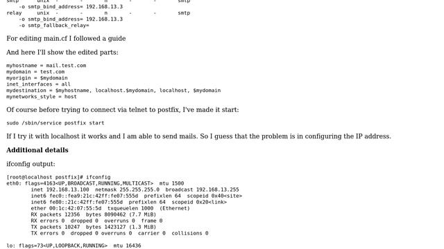 Mail server, binding postfix to an IP address, network unreachable