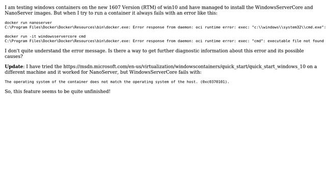"docker run" fails with error on win10 1607