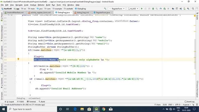 Registration form validation using Dialog Fragment(Sending data from activity to dialog fragment)