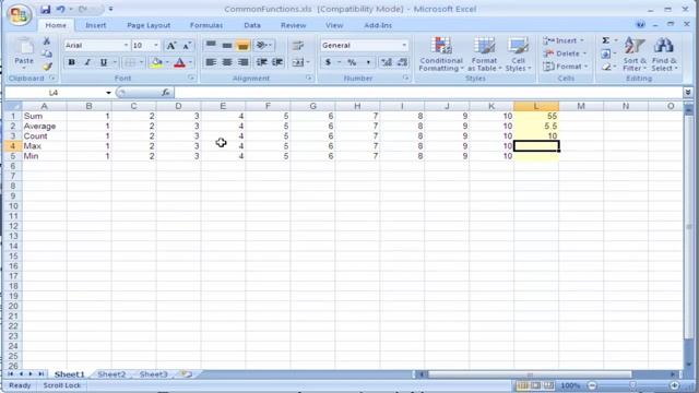 Performing Common Functions in Excel 2007 including Sum Average Count and Max