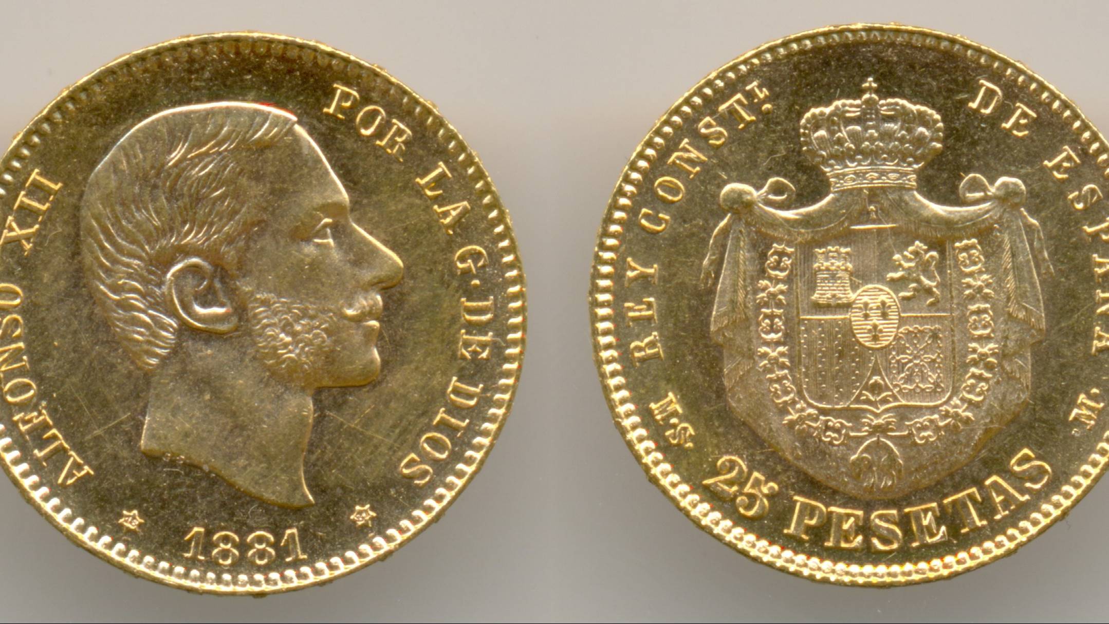 Нумизматика. Золотая монета. Испания, 25 песет 1881 г.