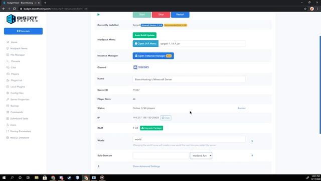 BisectHosting Budget Minecraft Server Control Panel Overview
