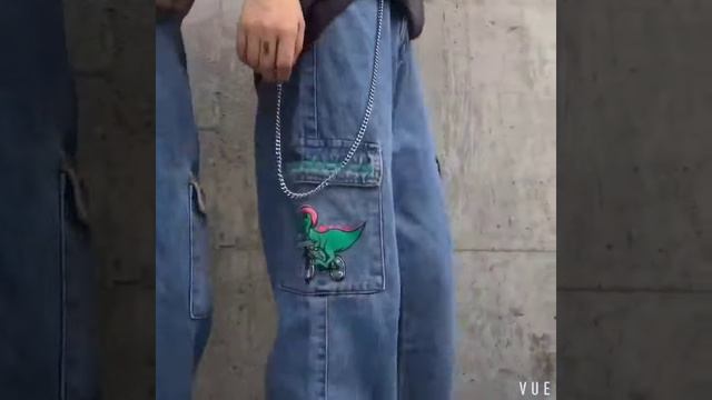 New Jeans for Women Cartoon Jeans Cute Dinosaur Jeans Loose High Waist Trousers Cotton Big Pocket