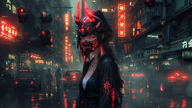 Cyberpunk Oni Mask Babe 4K