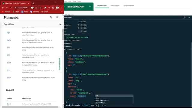 $gte in mongodb || Query  Operators || mongoDB || mongosh