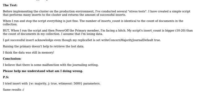 MongoDB Data loss following machine PowerOff with writeConcernMajorityJournalDefault true