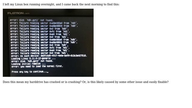 Does the Grub error "disk `hd0,gpt2' not found" mean my harddrive has crashed? (2 Solutions!!)