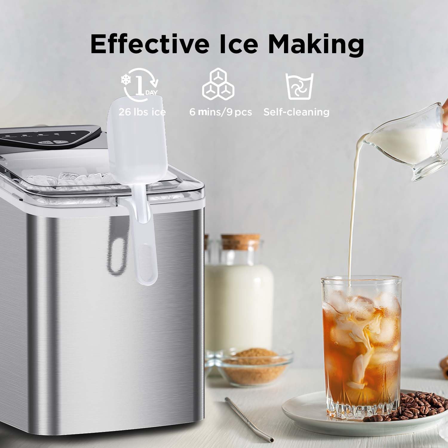 Silonn Countertop Ice Maker, Compact Ice Machine with Ice Basket & Scoop
