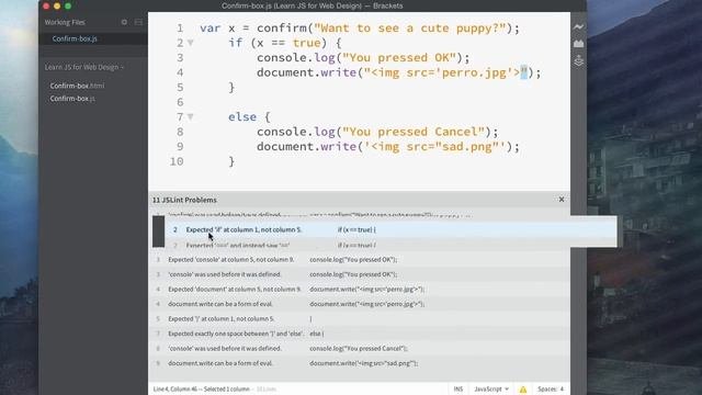 Using Brackets and JS Lint to fix issues and errors in your JS