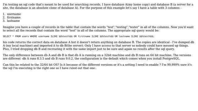 PostgreSQL ILIKE doesnt return any data?