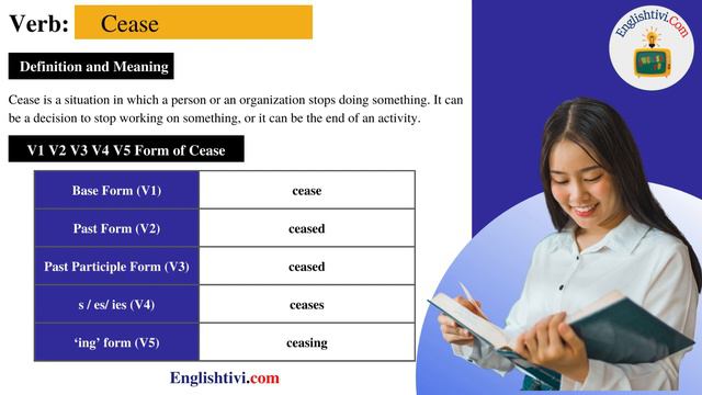 cease V1 V2 V3 V4 V5 Base Form, Past Simple, Past Participle Form of cease | Englishtivi.com