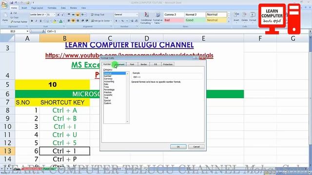 MS Excel 10 Shortcut Keys In Telugu [01] - Telugu Video Tutorial | LEARN COMPUTER TELUGU CHANNEL