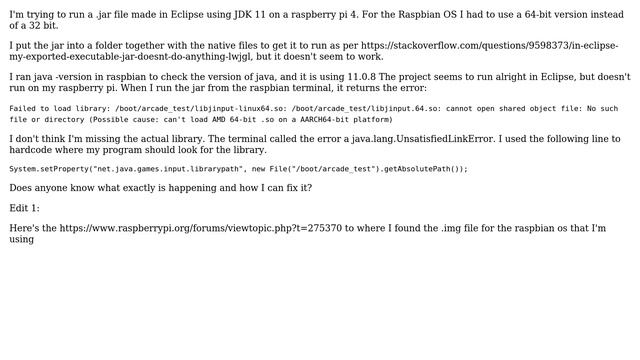 Issues with linux and Jar files. Jar works in eclipse, but doesn't run in raspberry pi