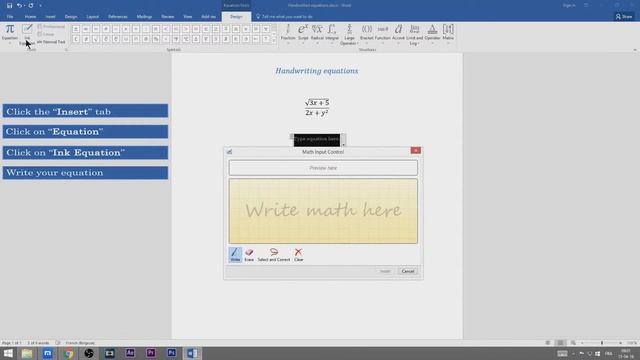 Word 2016 - Inserting equation using your handwriting
