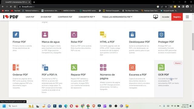 Convertir de OCR  reconocimiento óptico de caracteres  a  PDF en I LOVE PDF para copiar tu pdf
