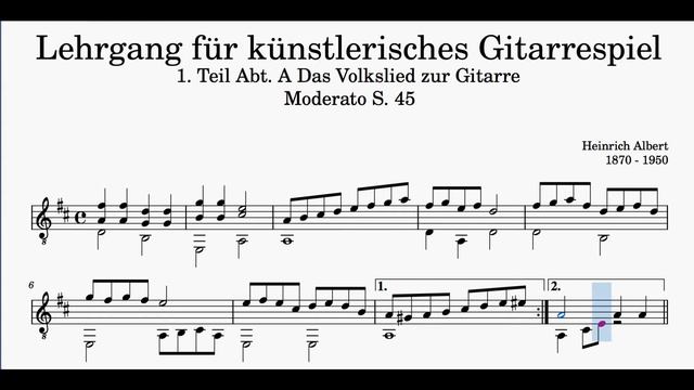 Guitar School, Book 1A, Page 45.2 Moderato In D Major Composed By Heinrich Albert (1870-1950)
