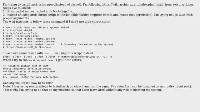 How can I fix mount: mntproc: permission denied error during arch chroot installation using...