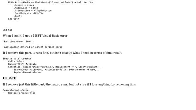 Replace method generates application-defined or object-defined error in Excel for Mac