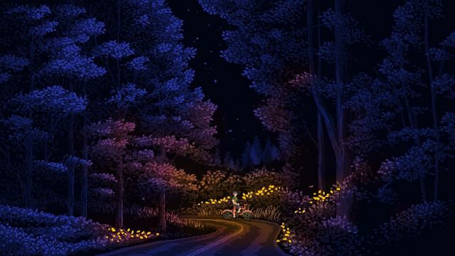 Пиксельный Пейзаж | Мальчик на Велосипеде | Boy Riding Bicycle at Night In The Forest - Живые Обои