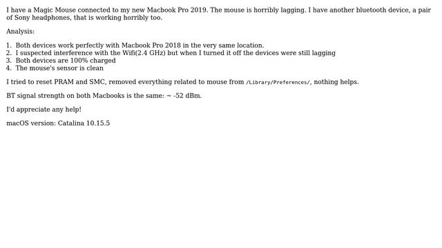 Apple: Bluetooth lagging on Macbook Pro 16 inch 2019