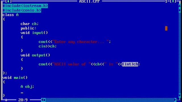 C++ program to print ASCII value of any character using classes | print ASCII value of character